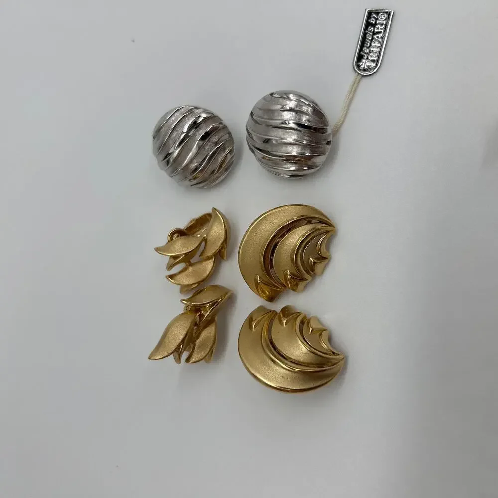 Trifari Clip On Earring Lot Gold Tone Silver Tone Vintage Costume Jewelry Signed